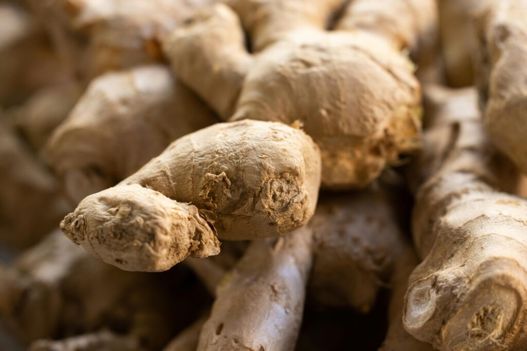 Detailed view of fresh raw ginger roots, showcasing texture and earthy tones. Ideal for food themes.