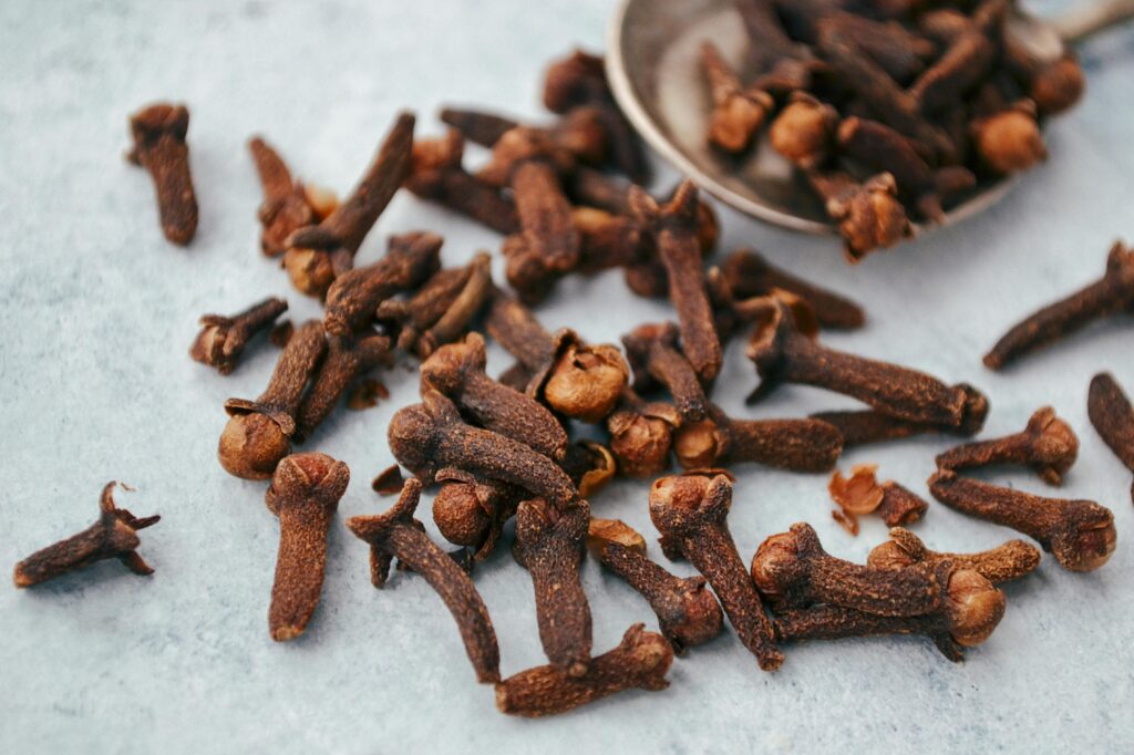 A close-up image of aromatic dry cloves scattered on a spoon over a gray surface.