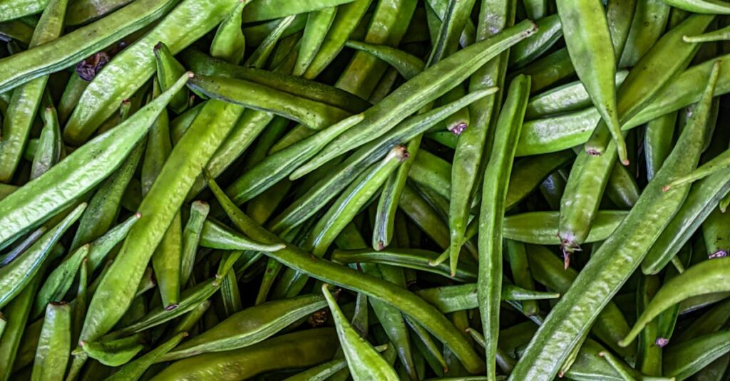 A close-up view of fresh green cluster beans piled together, showcasing vibrant color and texture.